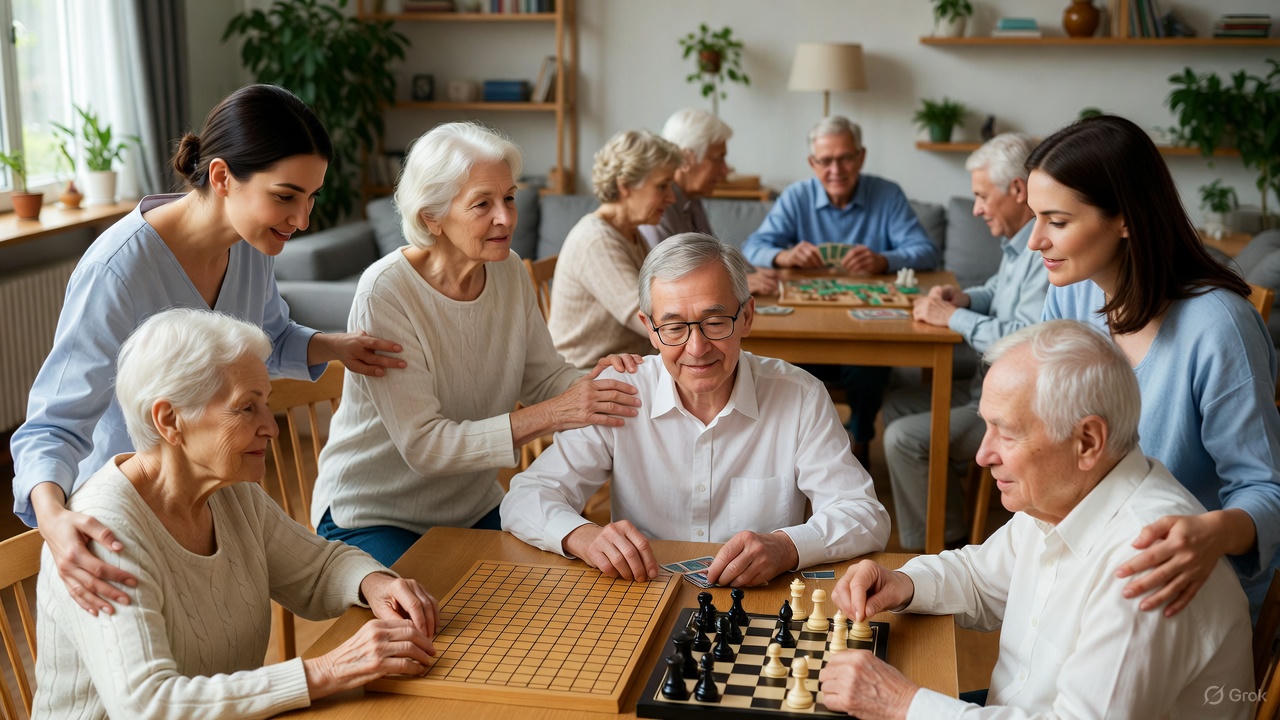 Senior receiving comforting hug from caregiver